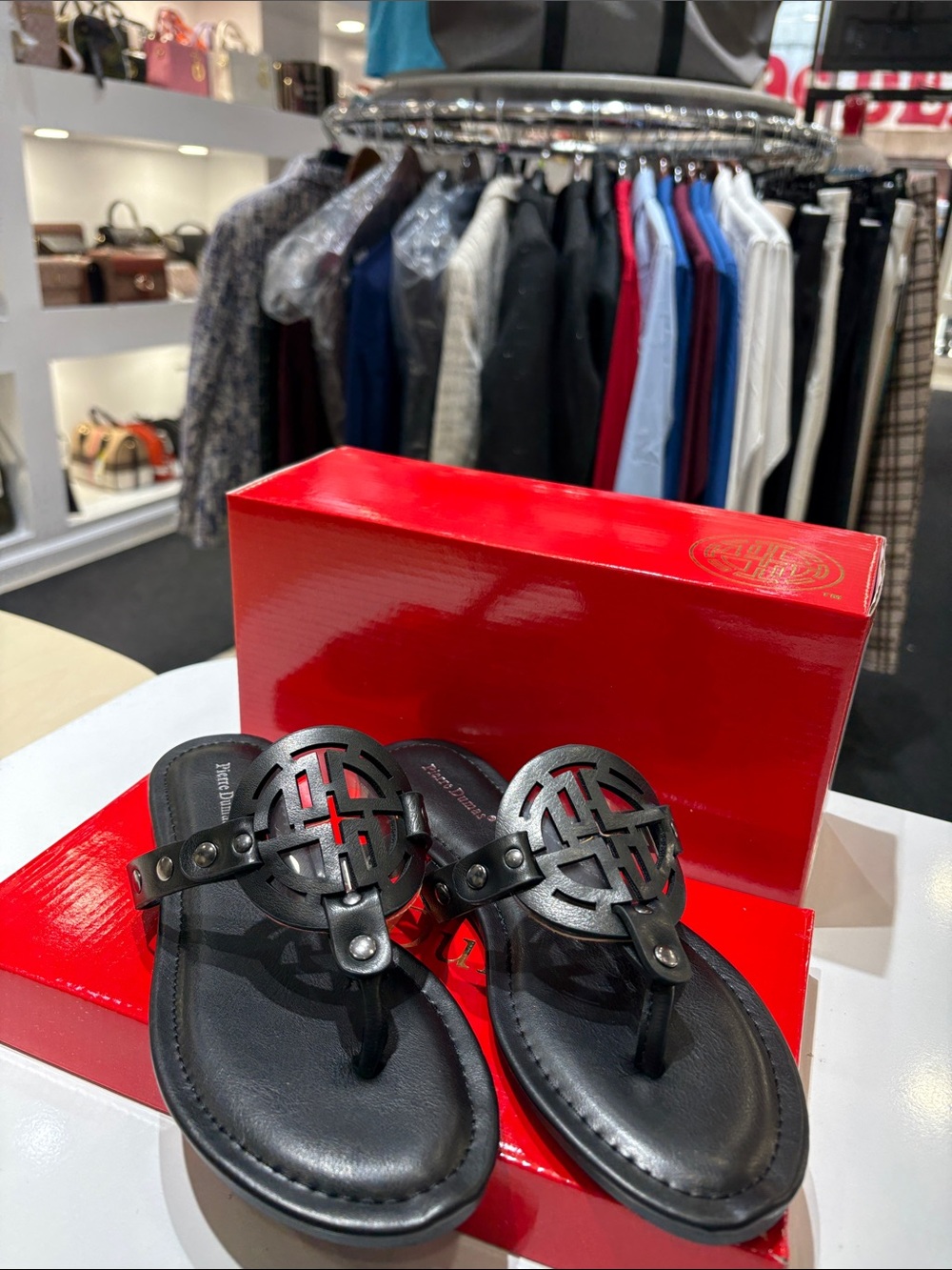 Pierre Dumas Black Studded Thong Sandal with Silver Accents